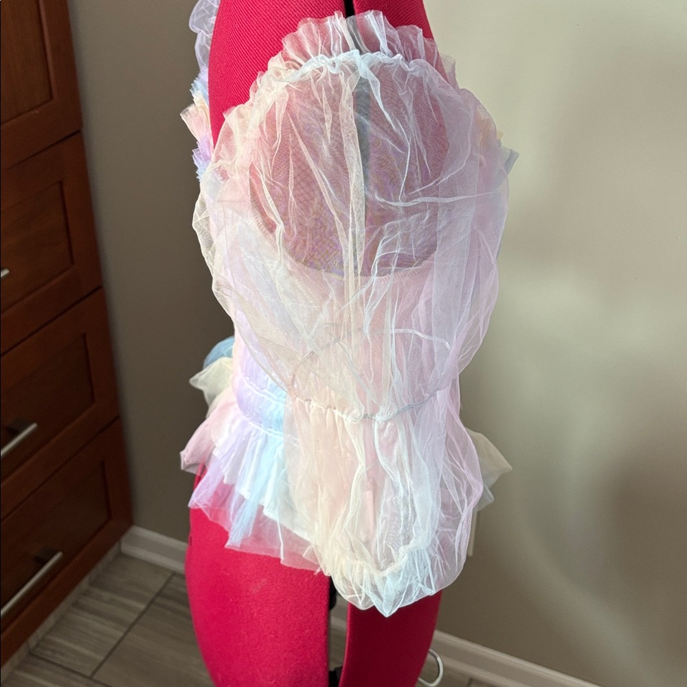 NWOT 🧚 Fairycore Rainbow Puff Sleeve Blouse Tulle Shired Top Sz S - Picture 5 of 9